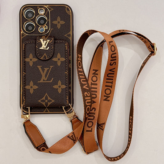 Luxury Brand Louis Vuitton iPhone Case with Leather Card Holder with Strap