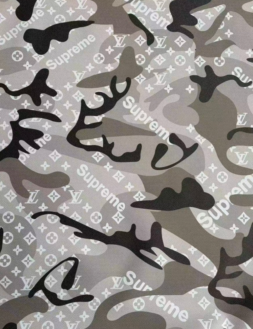 Black Grey Camouflage LV Supreme DIY Leather Sheet for Crafts Upholstery