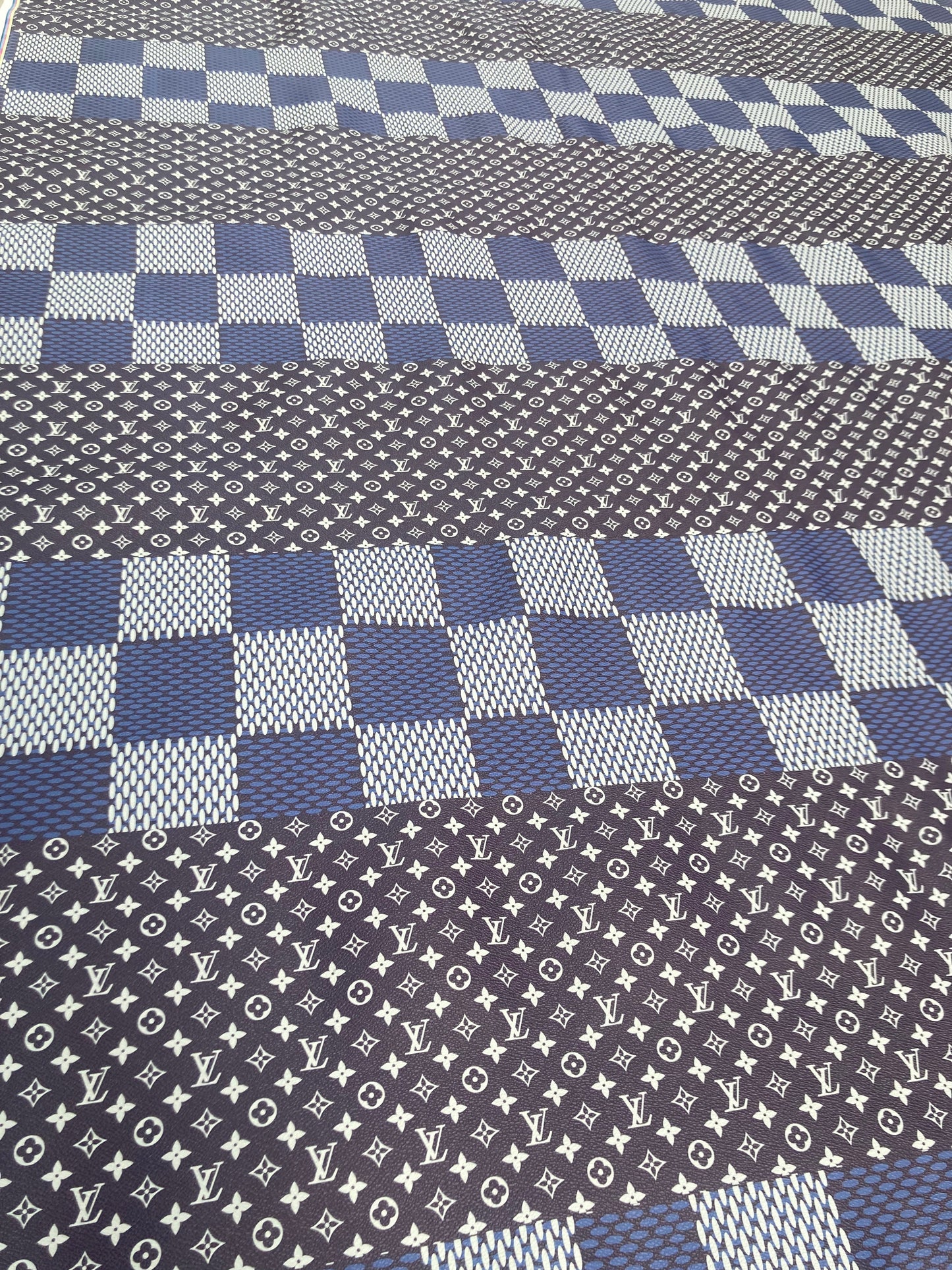 Navy LV Vinyl Damier Monogram Leather Fabric for Custom Sneakers DIY