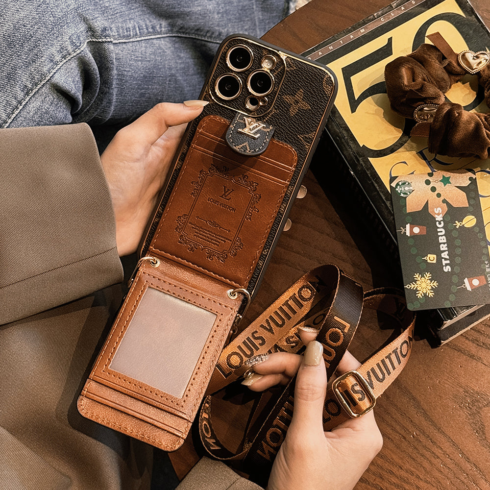 Luxury Brand Louis Vuitton iPhone Case with Leather Card Holder with Strap