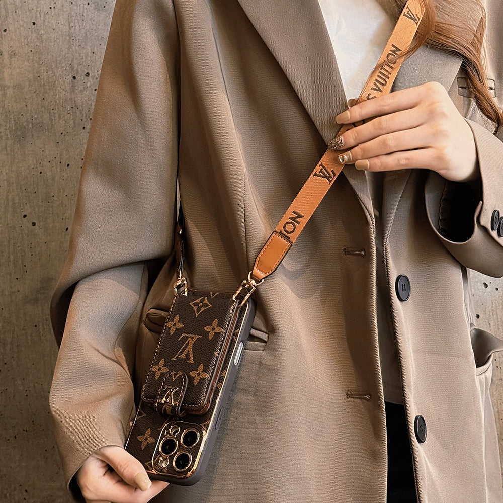 Luxury Brand Louis Vuitton iPhone Case with Leather Card Holder with Strap