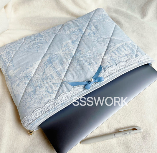 Blue Handmade Quilted Laptop Sleeve, Quilted iPad Pouch,Toile de jouy laptop pouch