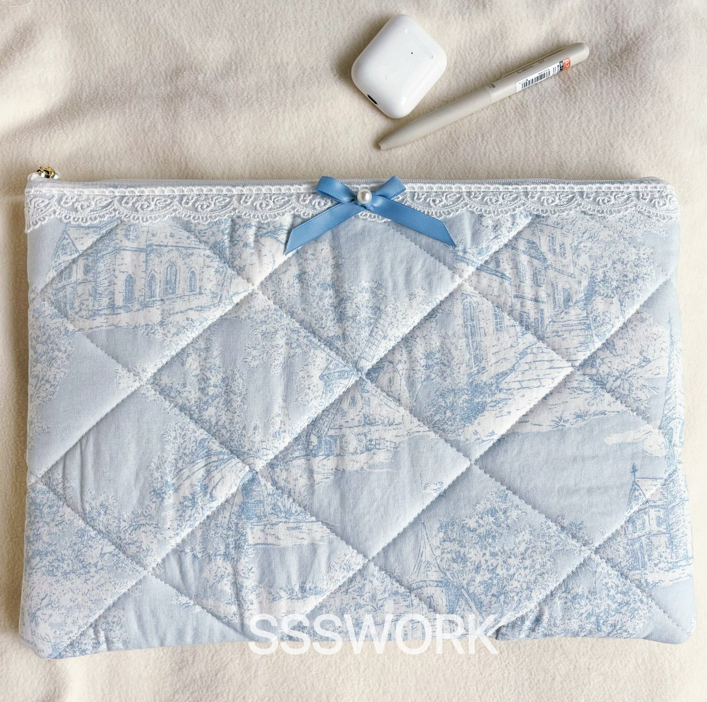 Blue Handmade Quilted Laptop Sleeve, Quilted iPad Pouch,Toile de jouy laptop pouch