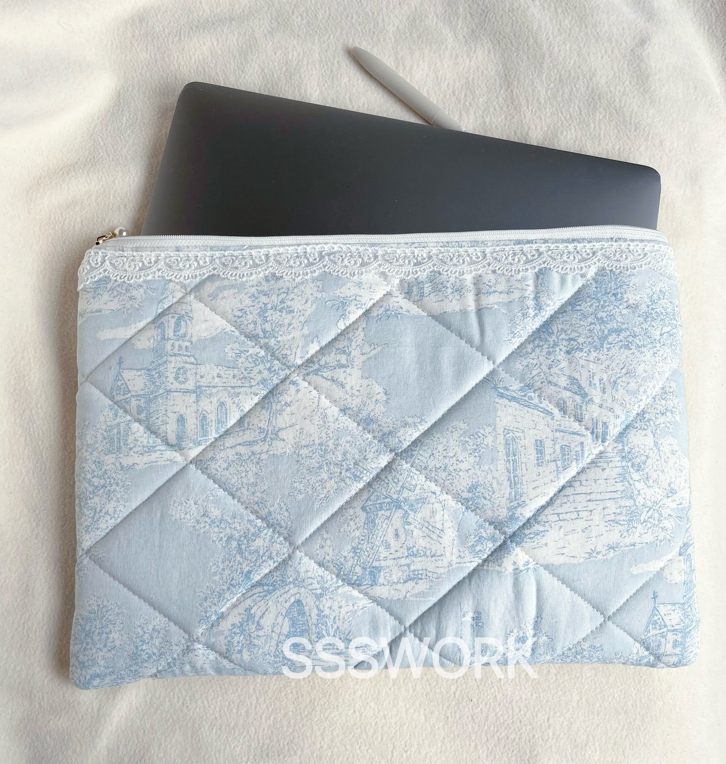 Blue Handmade Quilted Laptop Sleeve, Quilted iPad Pouch,Toile de jouy laptop pouch