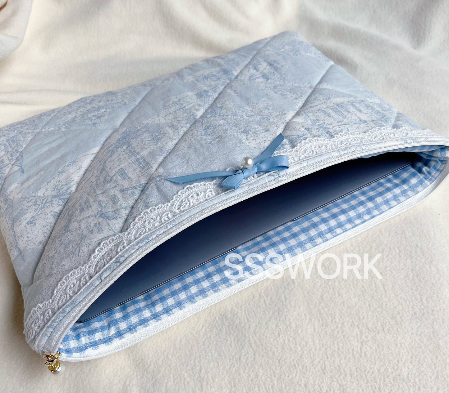 Blue Handmade Quilted Laptop Sleeve, Quilted iPad Pouch,Toile de jouy laptop pouch