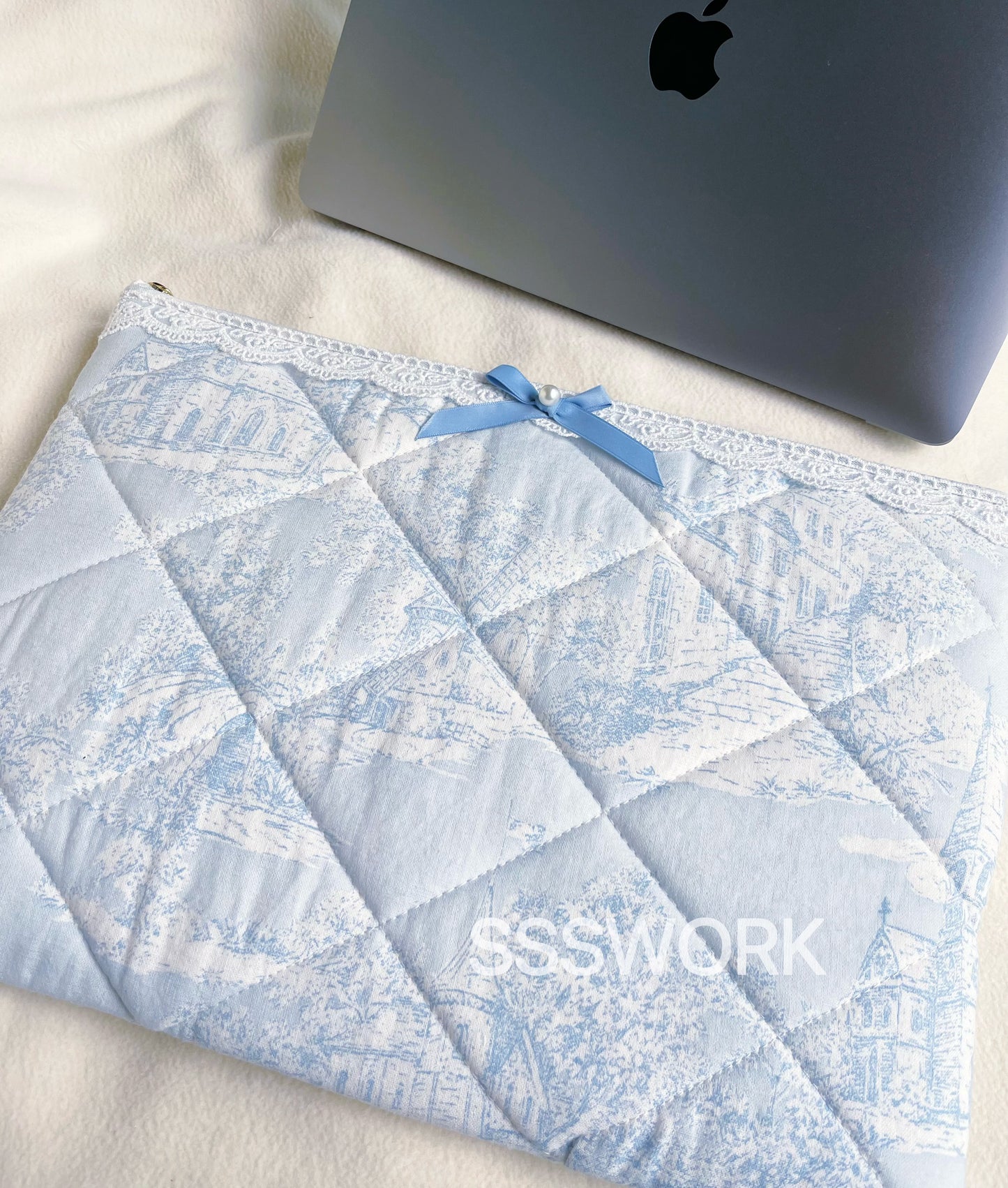 Blue Handmade Quilted Laptop Sleeve, Quilted iPad Pouch,Toile de jouy laptop pouch
