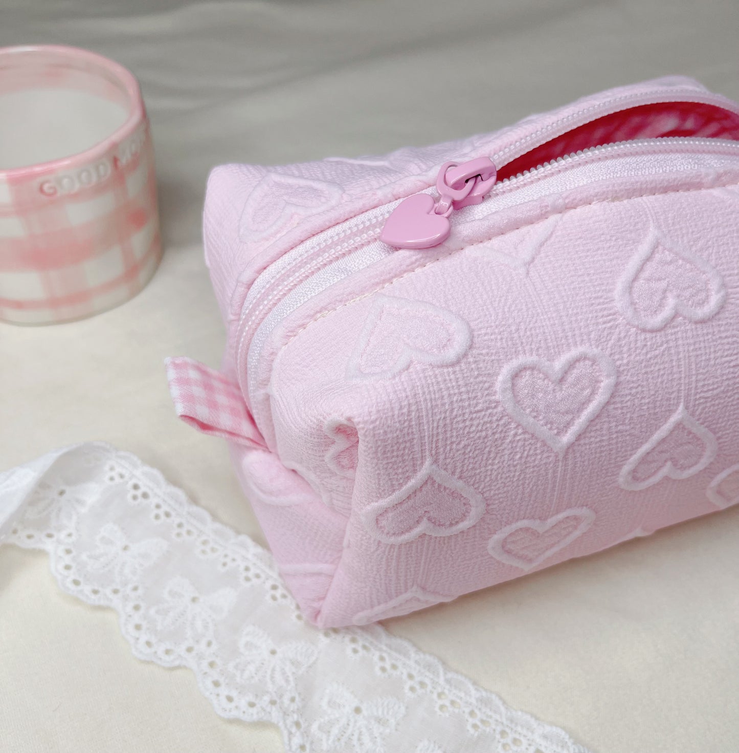 Pink heart handmade makeup bag, cosmetic organizer,Bridesmaid gift, gift for her