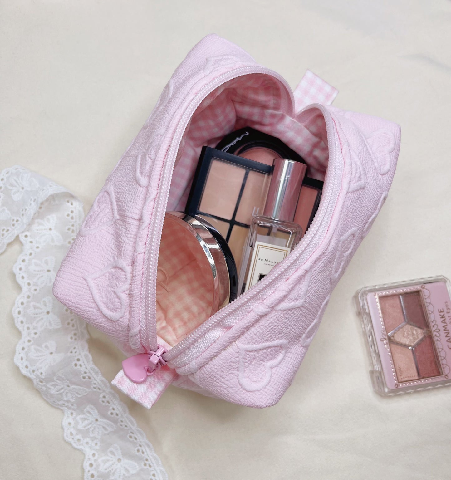 Pink heart handmade makeup bag, cosmetic organizer,Bridesmaid gift, gift for her