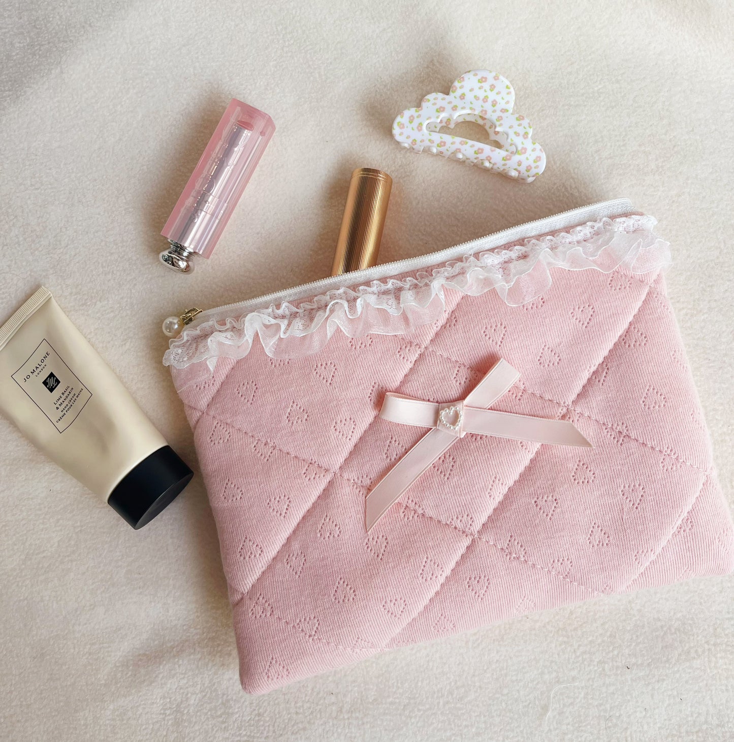 Pink/white lace makeup bag, cosmetic organizer, Handmade lace coin purse