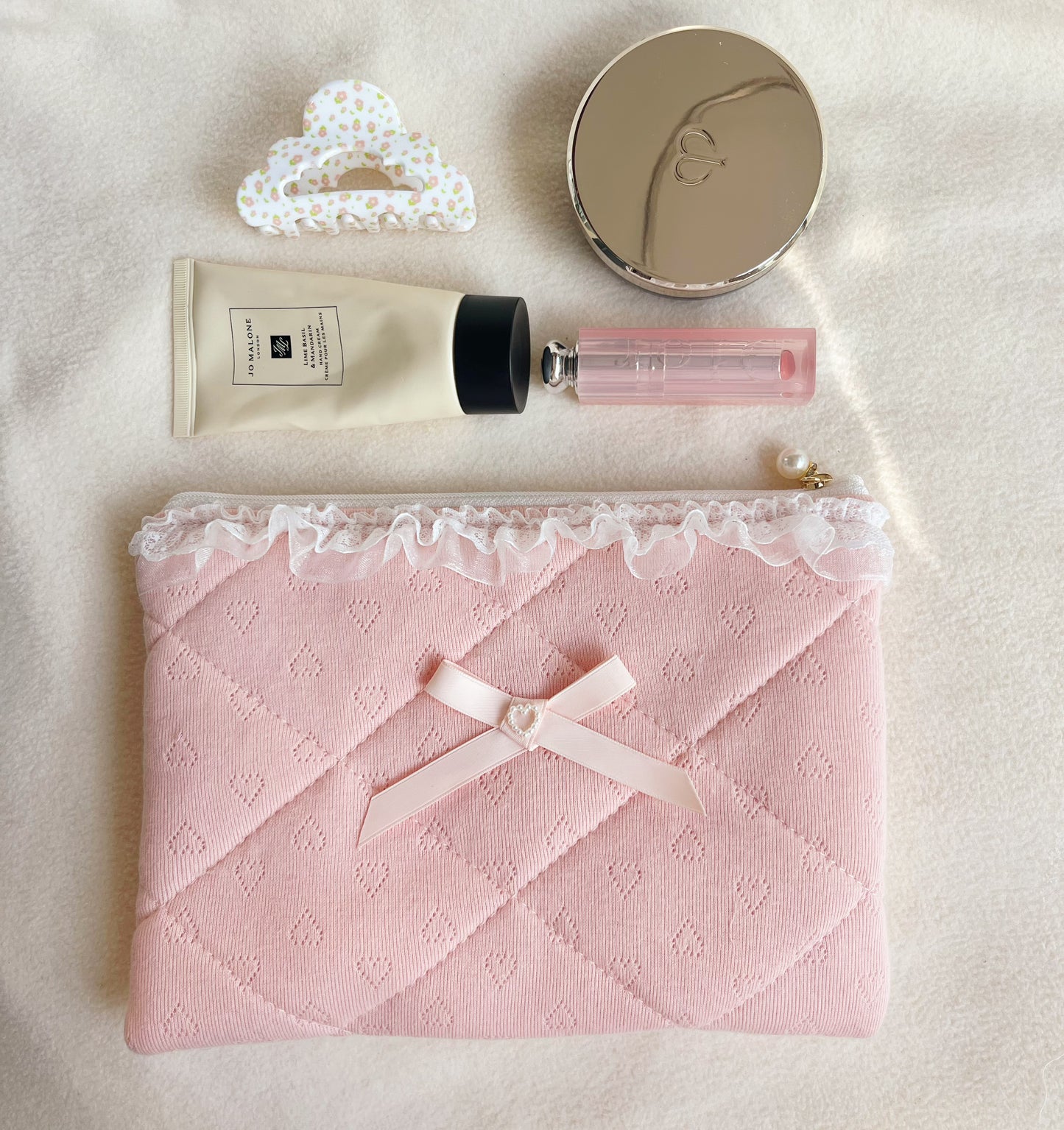 Pink/white lace makeup bag, cosmetic organizer, Handmade lace coin purse