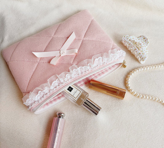 Pink/white lace makeup bag, cosmetic organizer, Handmade lace coin purse