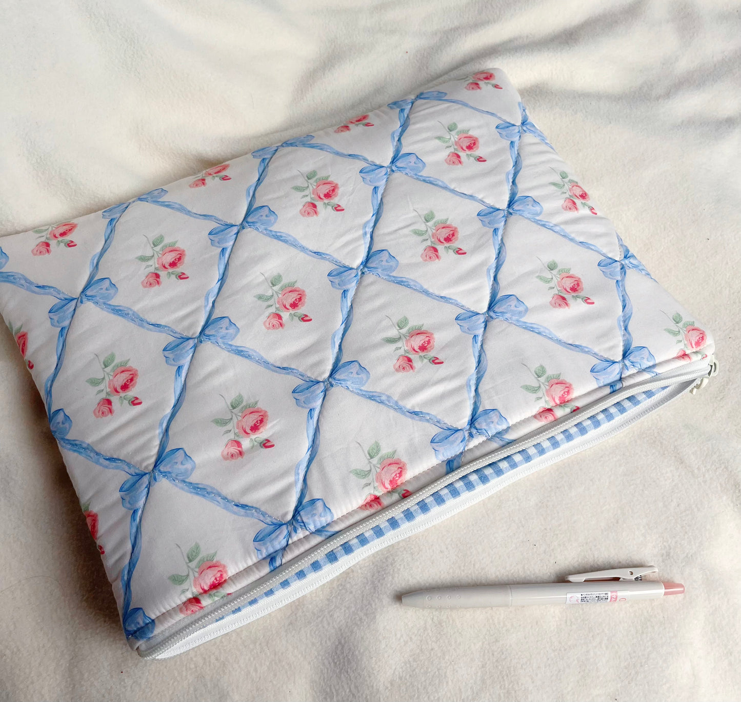 Handmade blue ribbon quilted Laptop Sleeve, Quilted iPad Pouch,Blue floral with blue gingham lining laptop bag/sleeve, Gift for her