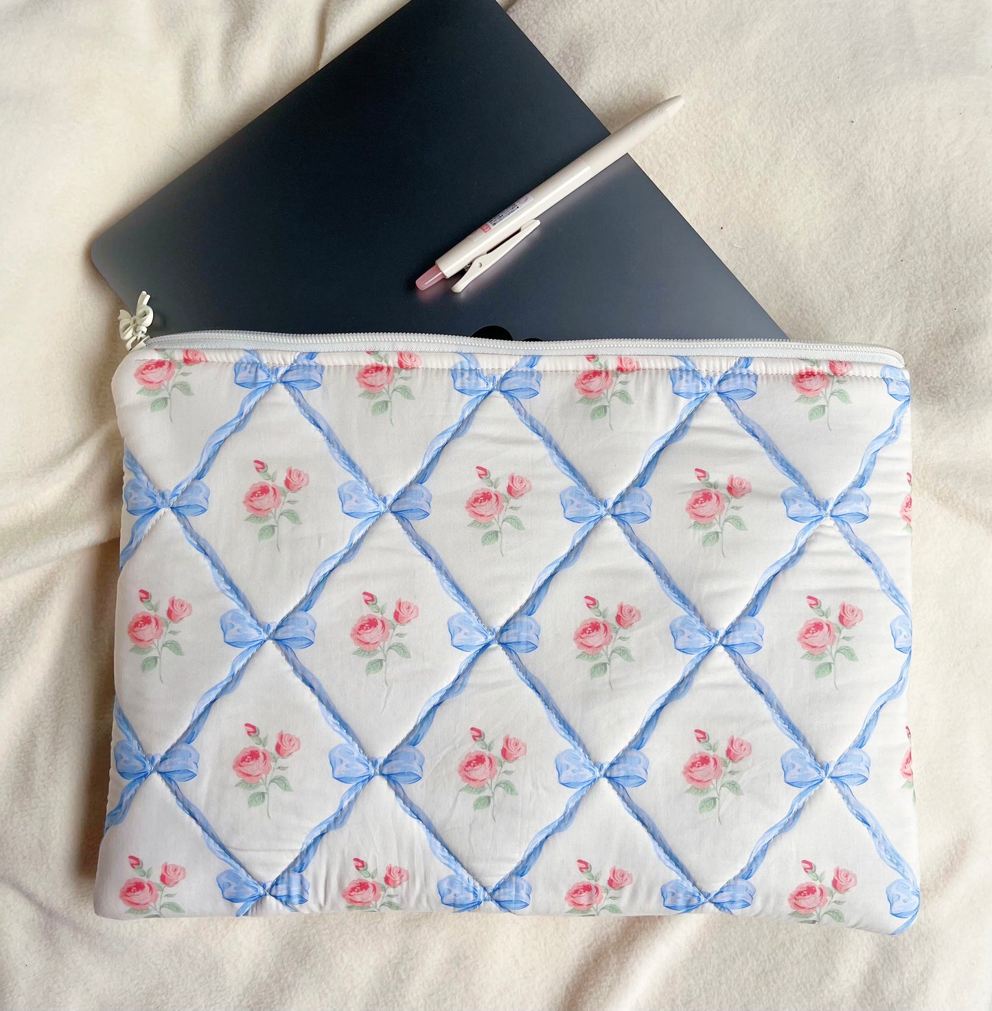 Handmade blue ribbon quilted Laptop Sleeve, Quilted iPad Pouch,Blue floral with blue gingham lining laptop bag/sleeve, Gift for her