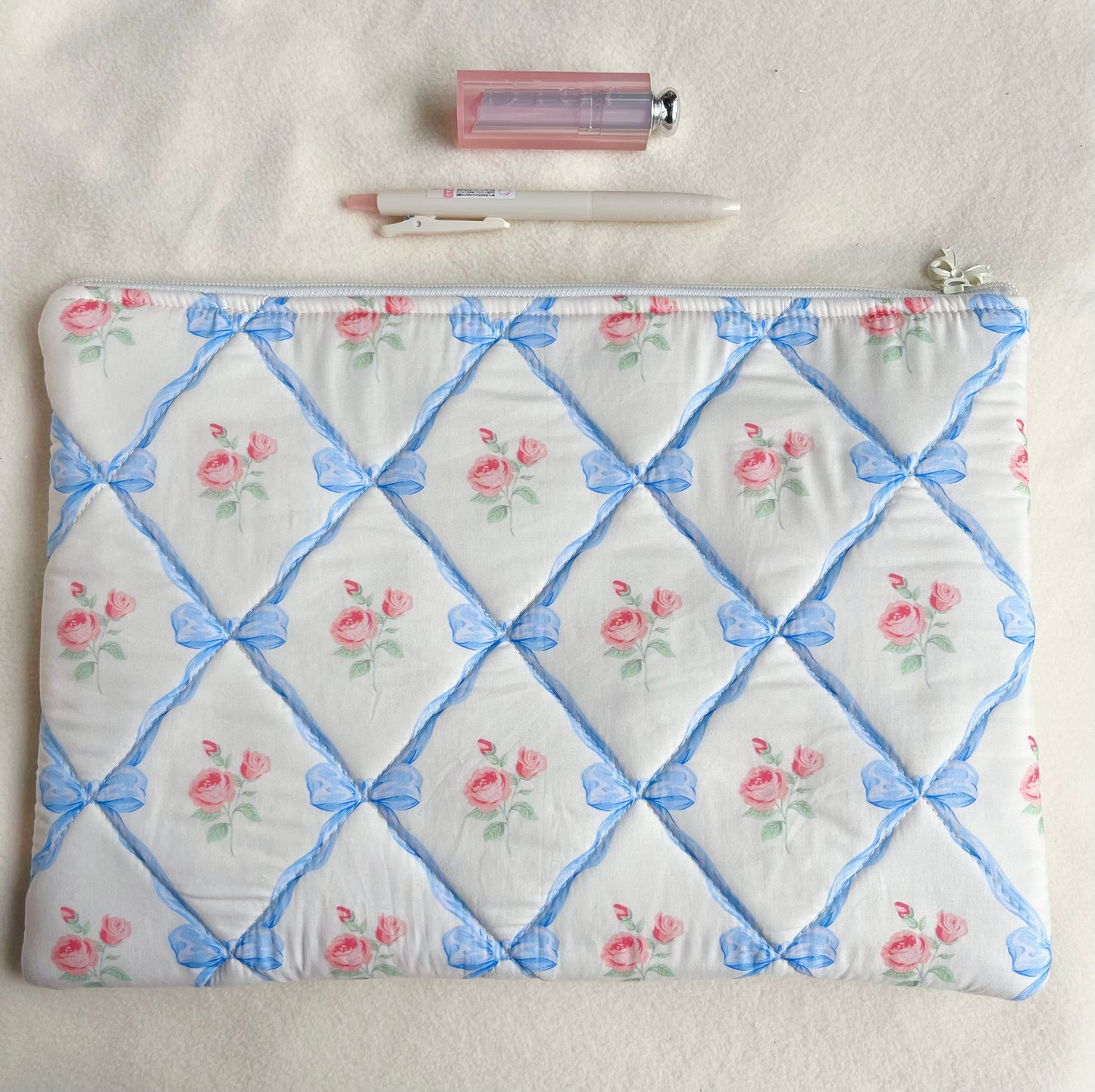 Handmade blue ribbon quilted Laptop Sleeve, Quilted iPad Pouch,Blue floral with blue gingham lining laptop bag/sleeve, Gift for her