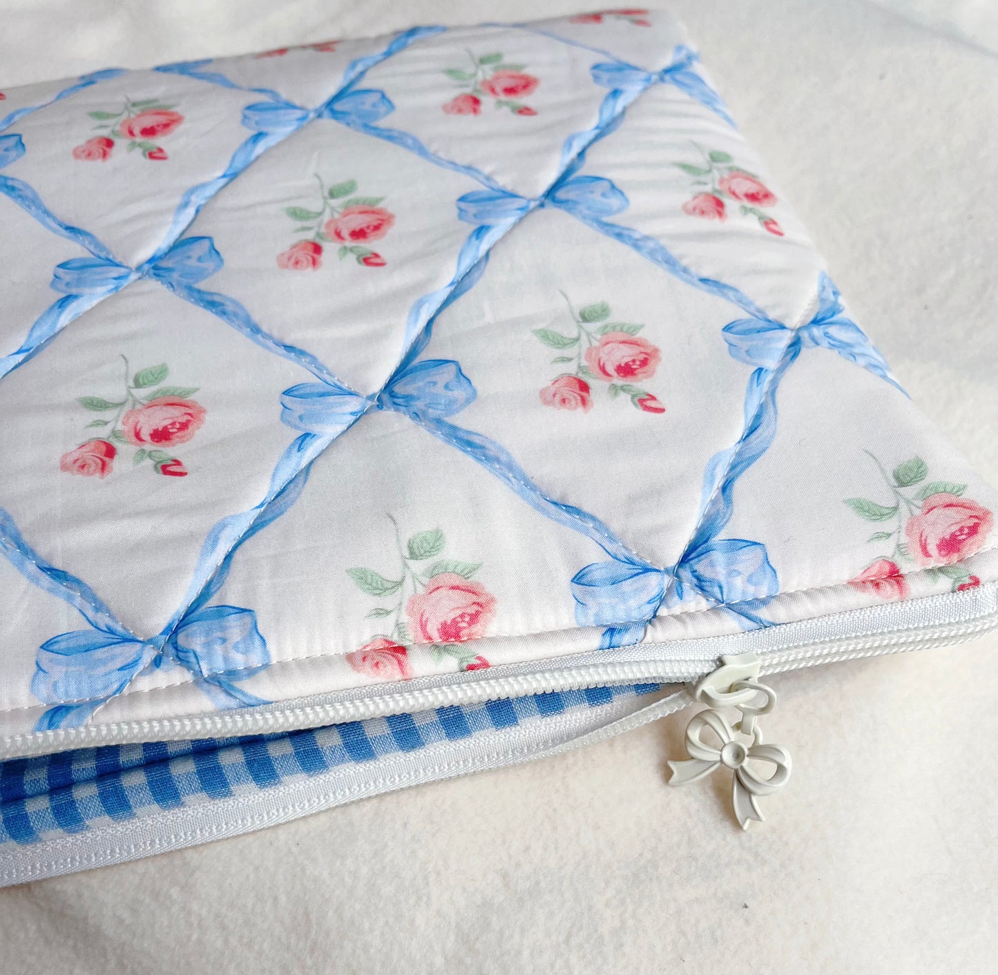 Handmade blue ribbon quilted Laptop Sleeve, Quilted iPad Pouch,Blue floral with blue gingham lining laptop bag/sleeve, Gift for her