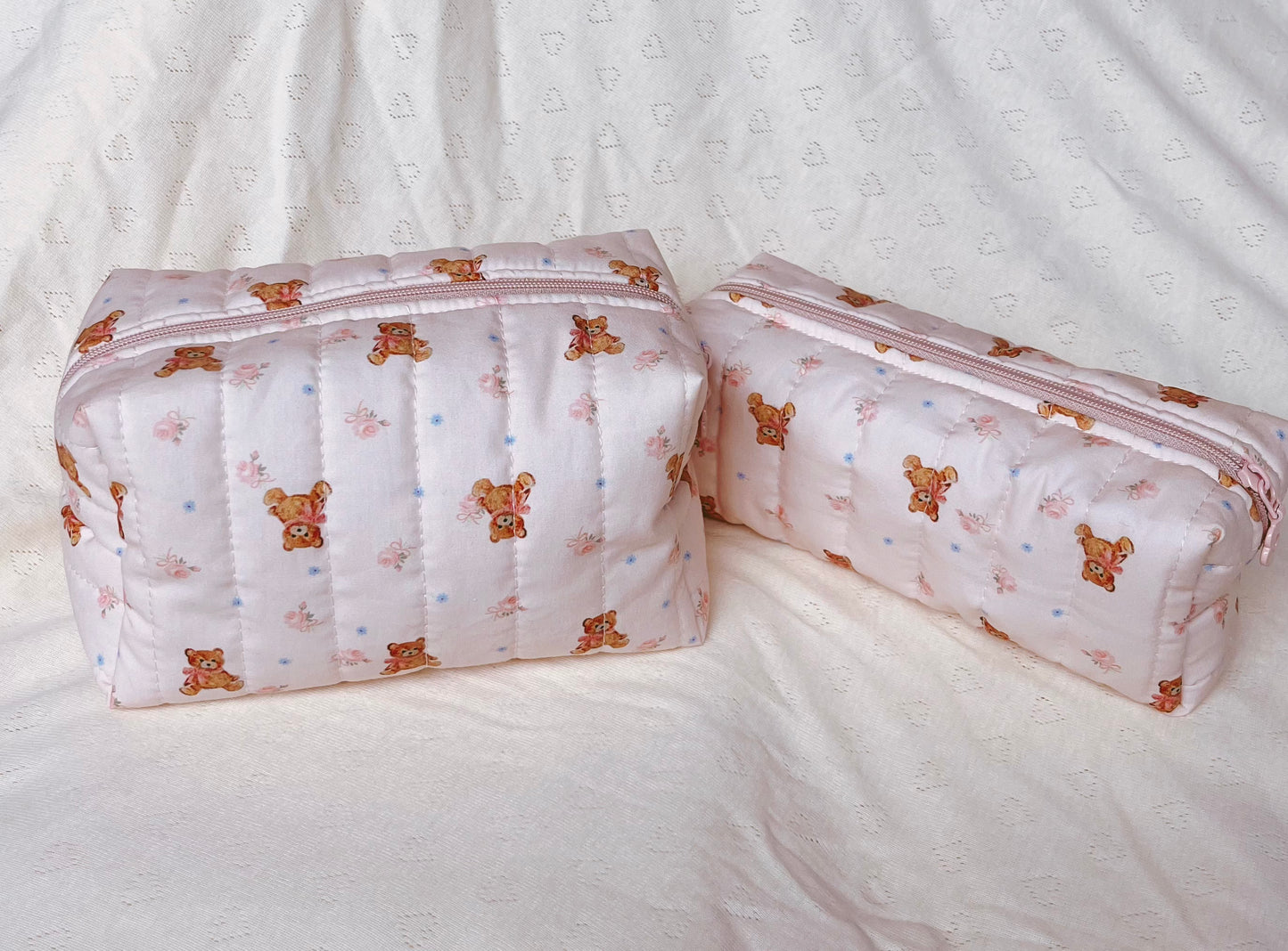 Handmade cute bear pattern quilted makeup bag, Cosmetic organizer, Pencil case, Quilted travel pouch, Gift for her