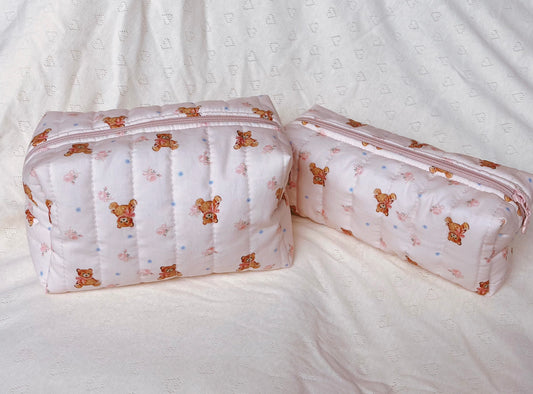 Handmade cute bear pattern quilted makeup bag, Cosmetic organizer, Pencil case, Quilted travel pouch, Gift for her