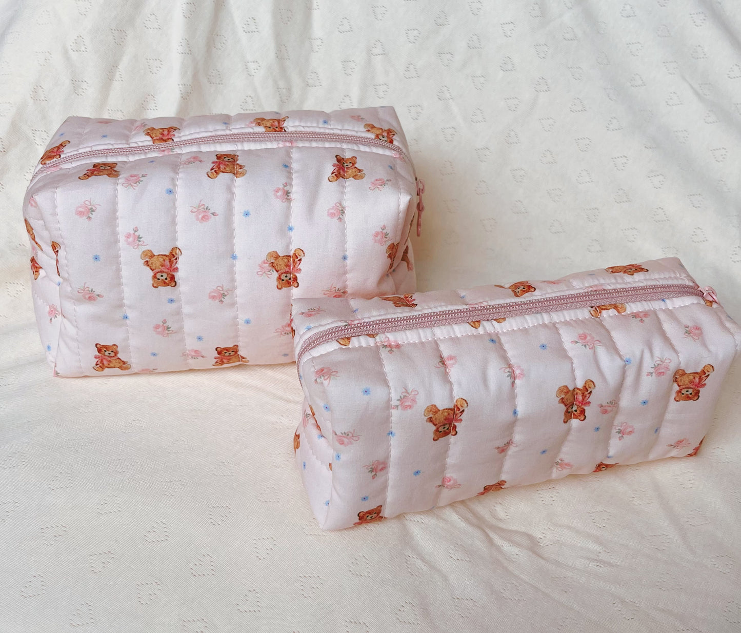 Handmade cute bear pattern quilted makeup bag, Cosmetic organizer, Pencil case, Quilted travel pouch, Gift for her