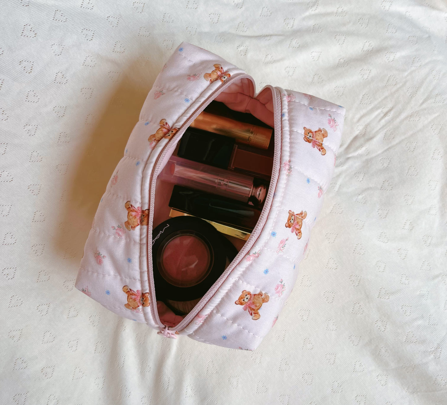 Handmade cute bear pattern quilted makeup bag, Cosmetic organizer, Pencil case, Quilted travel pouch, Gift for her