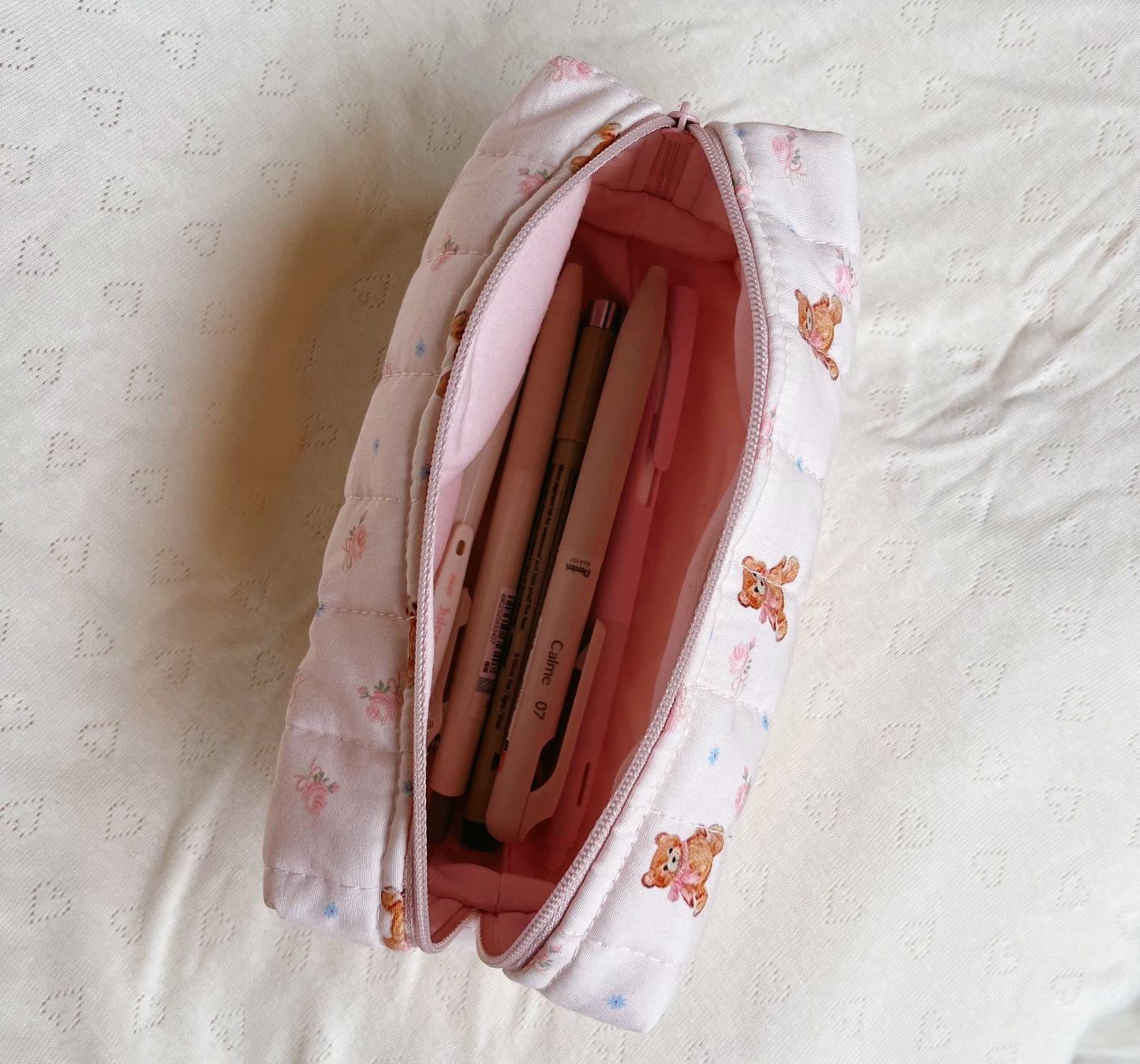 Handmade cute bear pattern quilted makeup bag, Cosmetic organizer, Pencil case, Quilted travel pouch, Gift for her
