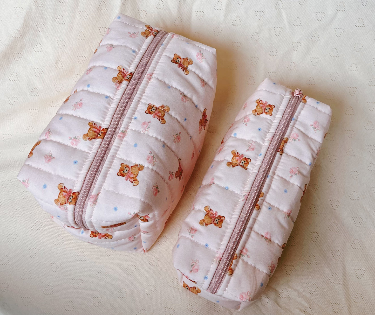 Handmade cute bear pattern quilted makeup bag, Cosmetic organizer, Pencil case, Quilted travel pouch, Gift for her