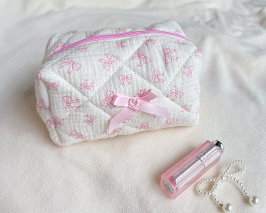Pink bow quilted makeup bag, cosmetic organizer,Quilted travel pouch, Bridesmaid gift, Gift for her