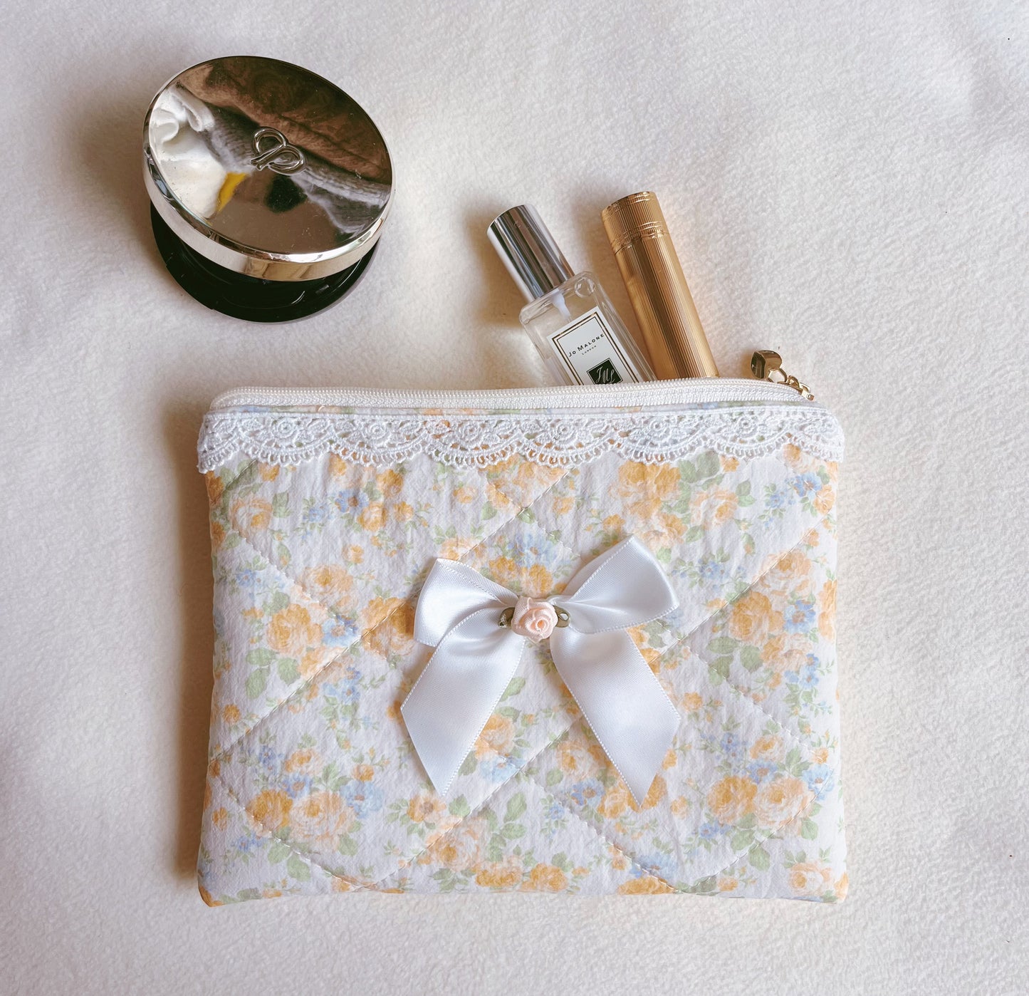 Yellow flower lace makeup bag, cosmetic organizer, Handmade lace coin purse, Bridesmaid gift, gift for her