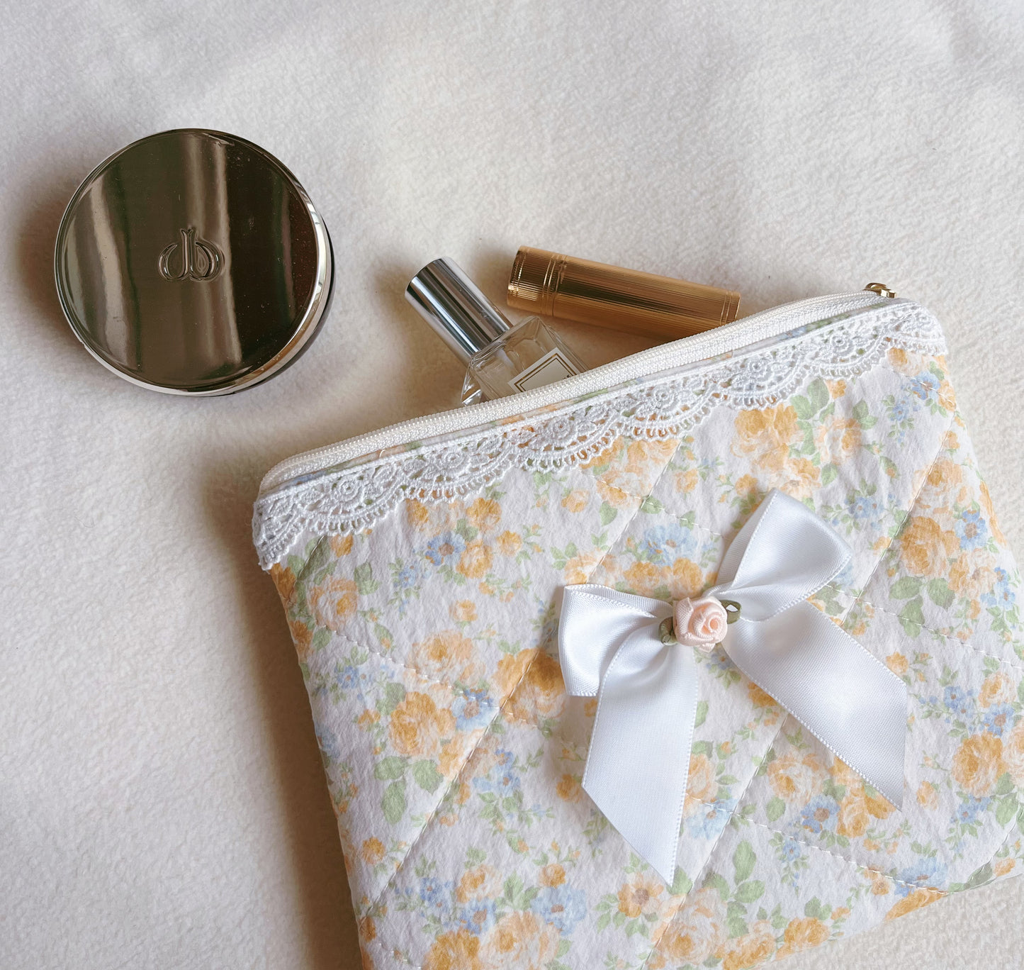 Yellow flower lace makeup bag, cosmetic organizer, Handmade lace coin purse, Bridesmaid gift, gift for her