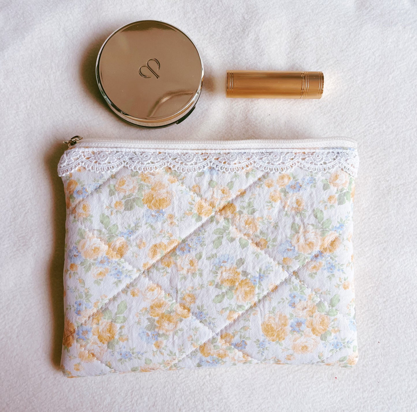 Yellow flower lace makeup bag, cosmetic organizer, Handmade lace coin purse, Bridesmaid gift, gift for her