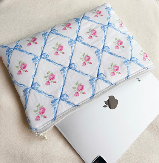 Handmade blue ribbon quilted Laptop Sleeve, Quilted iPad Pouch,Blue floral with blue gingham lining laptop bag/sleeve, Gift for her