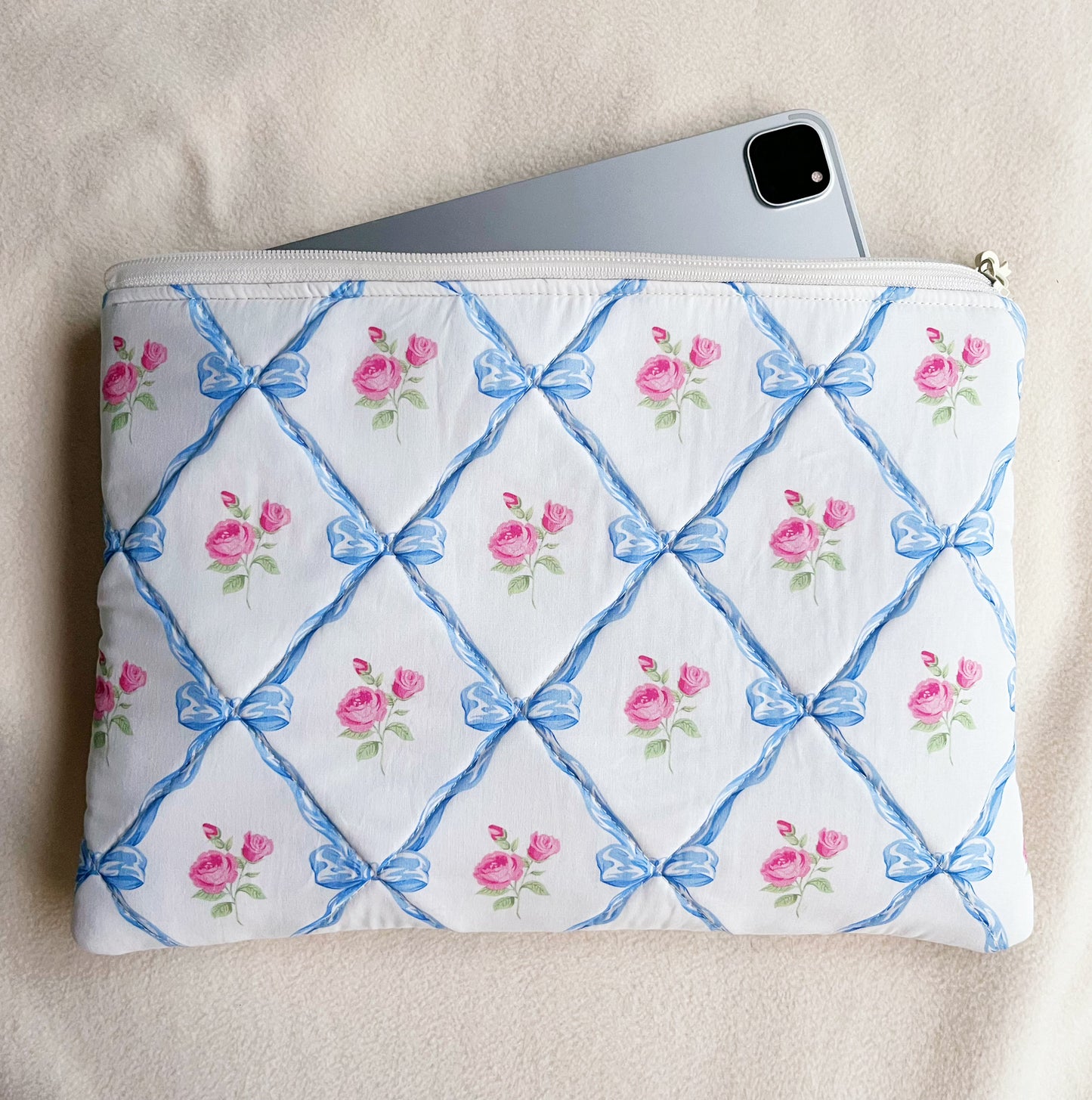 Handmade blue ribbon quilted Laptop Sleeve, Quilted iPad Pouch,Blue floral with blue gingham lining laptop bag/sleeve, Gift for her