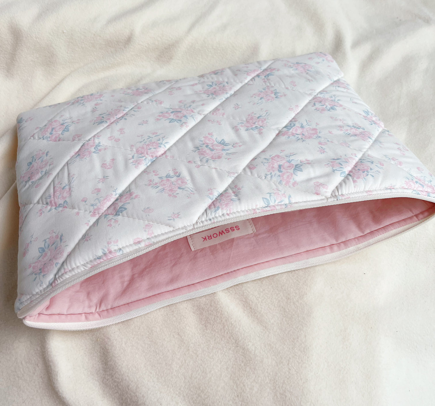 Blue/Pink Floral Handmade Quilted Laptop Sleeve, Quilted iPad Pouch
