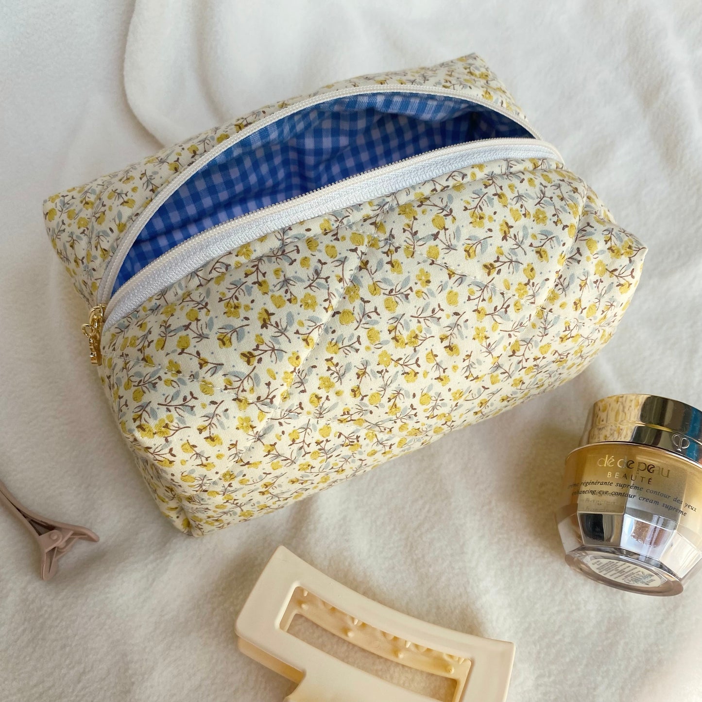 Quilted makeup bag in yellow floral with blue gingham lining, Cosmetic bag, Gift for her