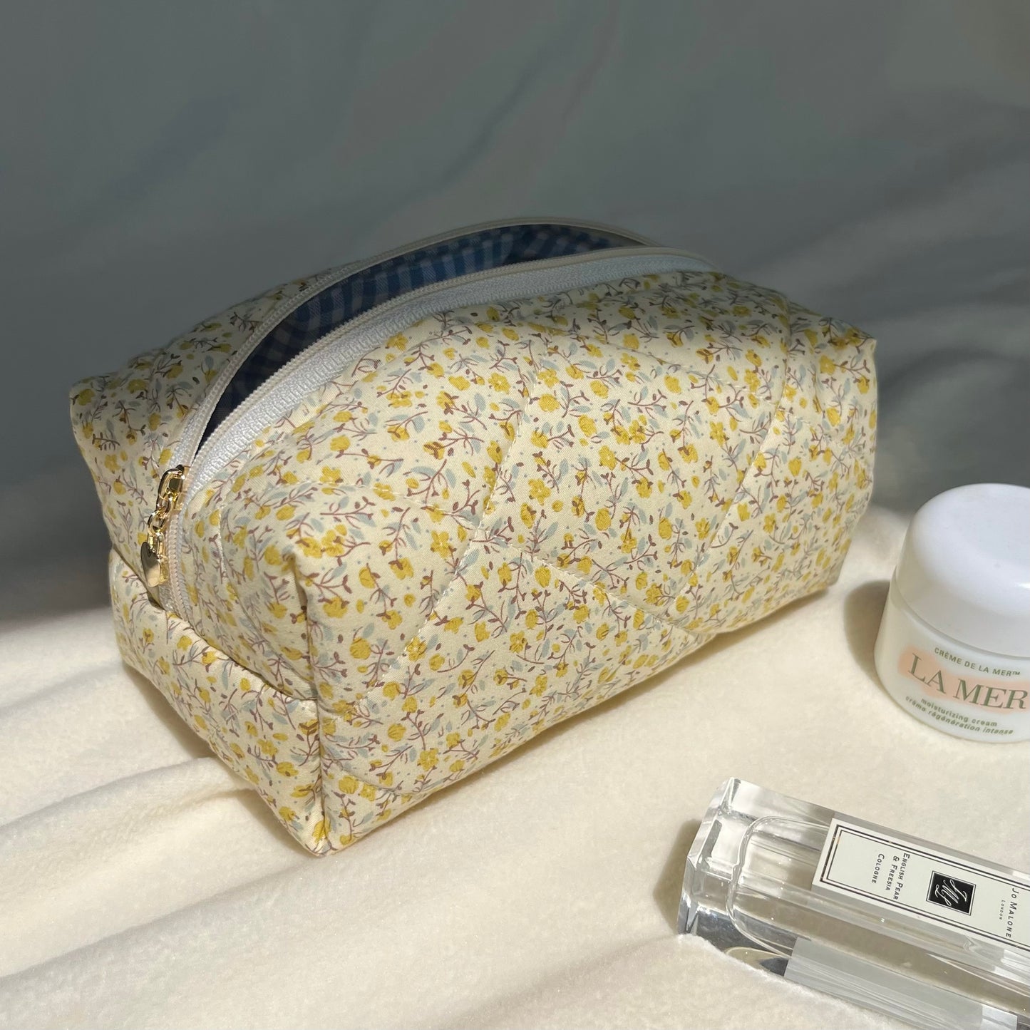 Quilted makeup bag in yellow floral with blue gingham lining, Cosmetic bag, Gift for her