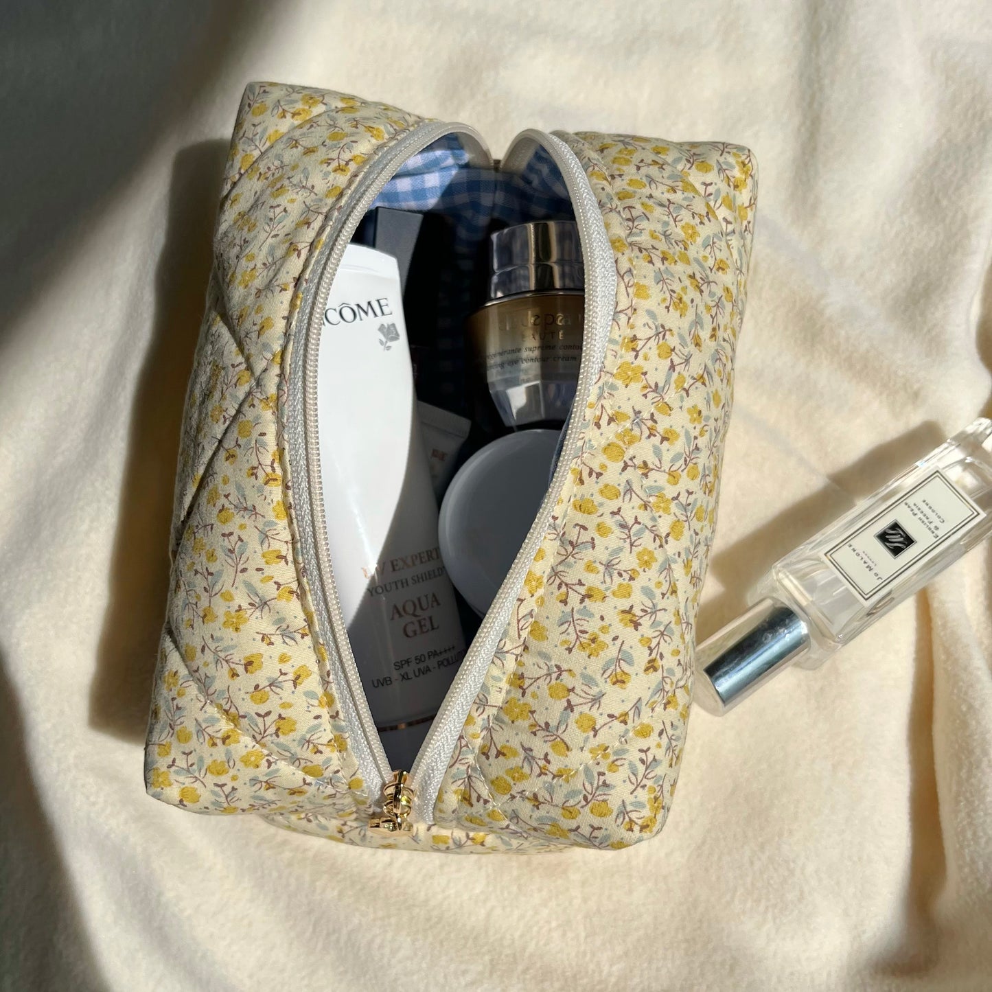 Quilted makeup bag in yellow floral with blue gingham lining, Cosmetic bag, Gift for her