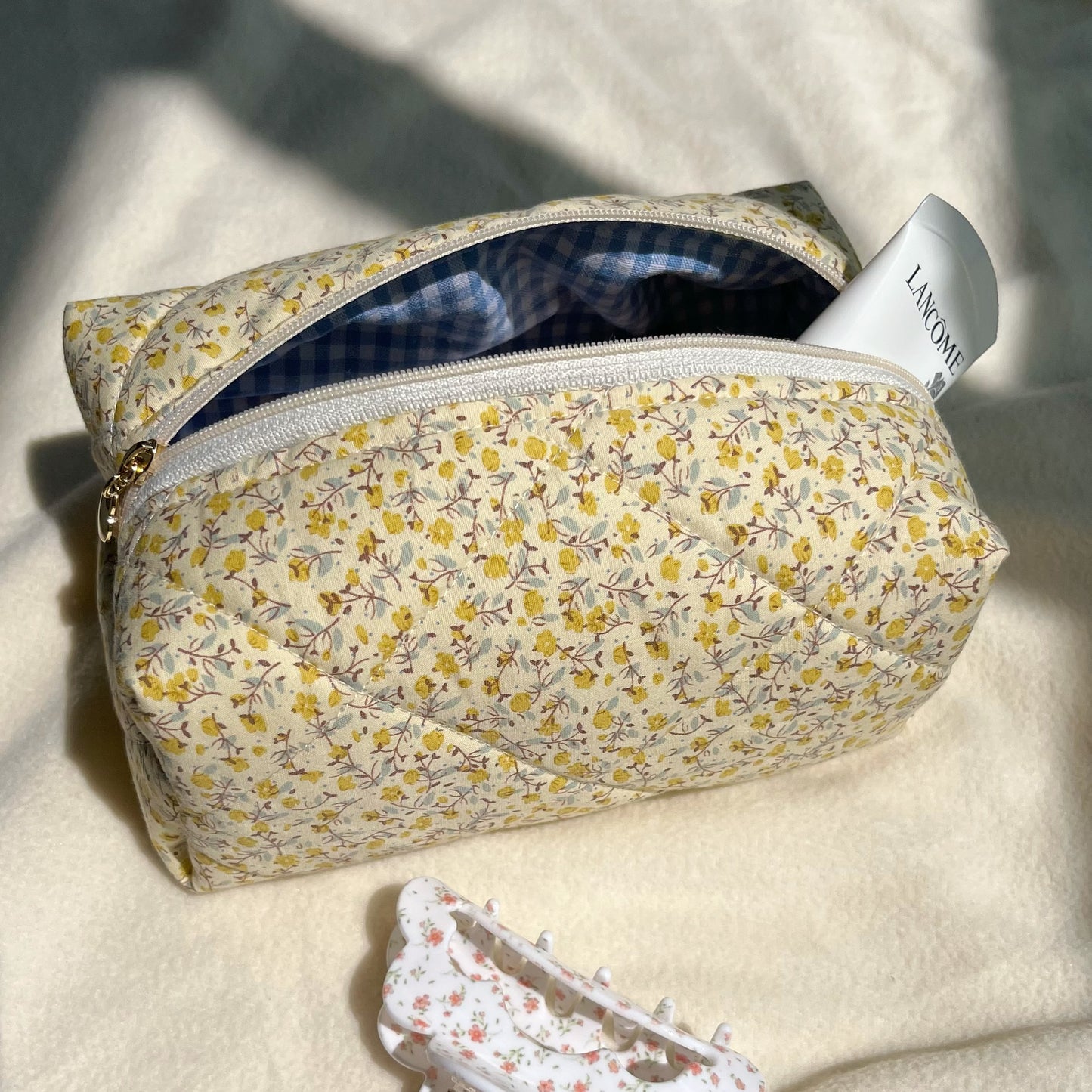 Quilted makeup bag in yellow floral with blue gingham lining, Cosmetic bag, Gift for her
