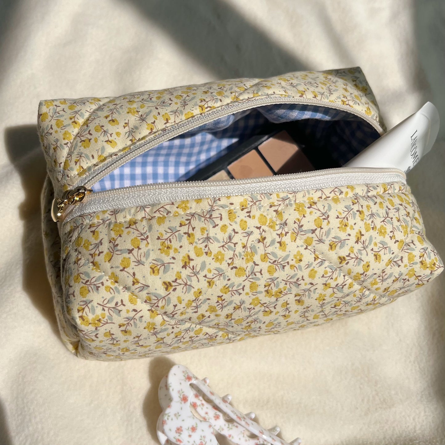 Quilted makeup bag in yellow floral with blue gingham lining, Cosmetic bag, Gift for her