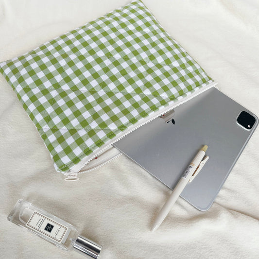 Handmade quilted Laptop Sleeve, Quilted iPad Pouch, Green gingham with cherry lining laptop bag