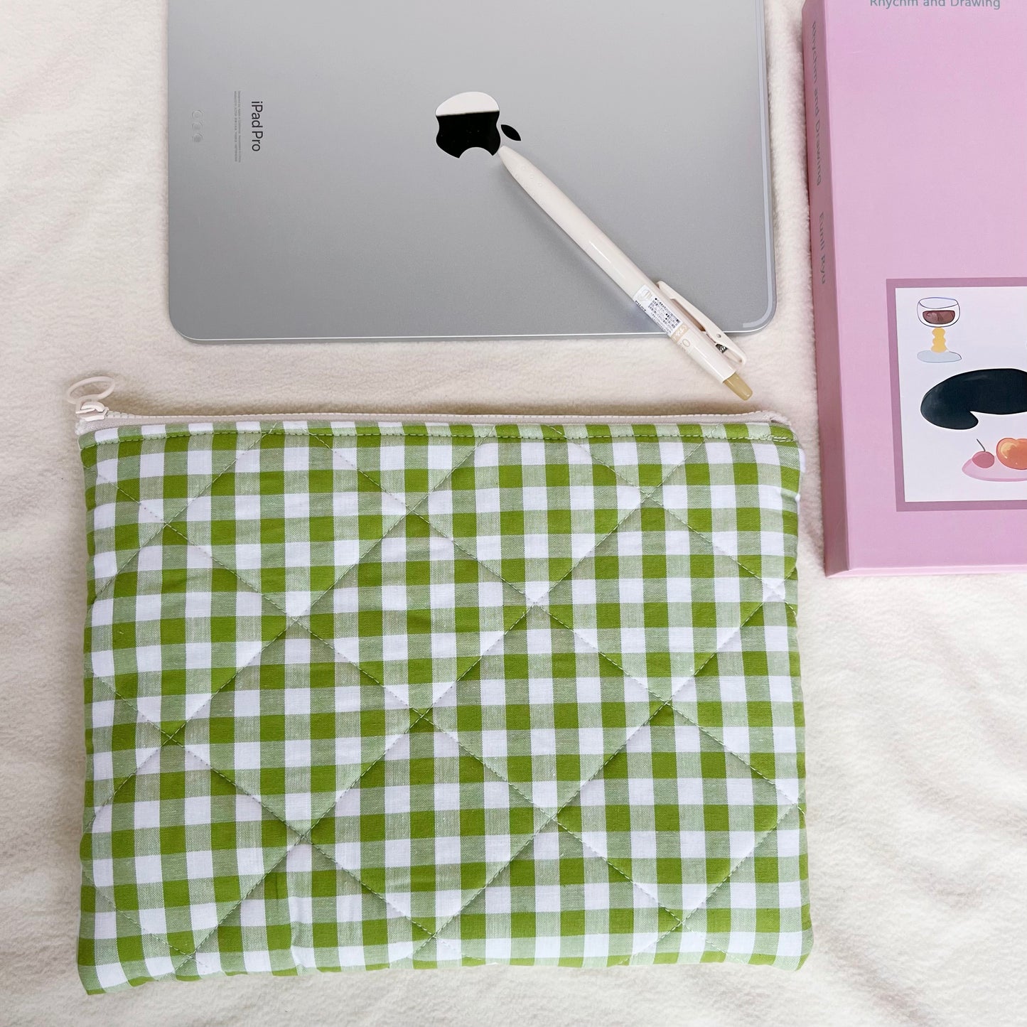 Handmade quilted Laptop Sleeve, Quilted iPad Pouch, Green gingham with cherry lining laptop bag