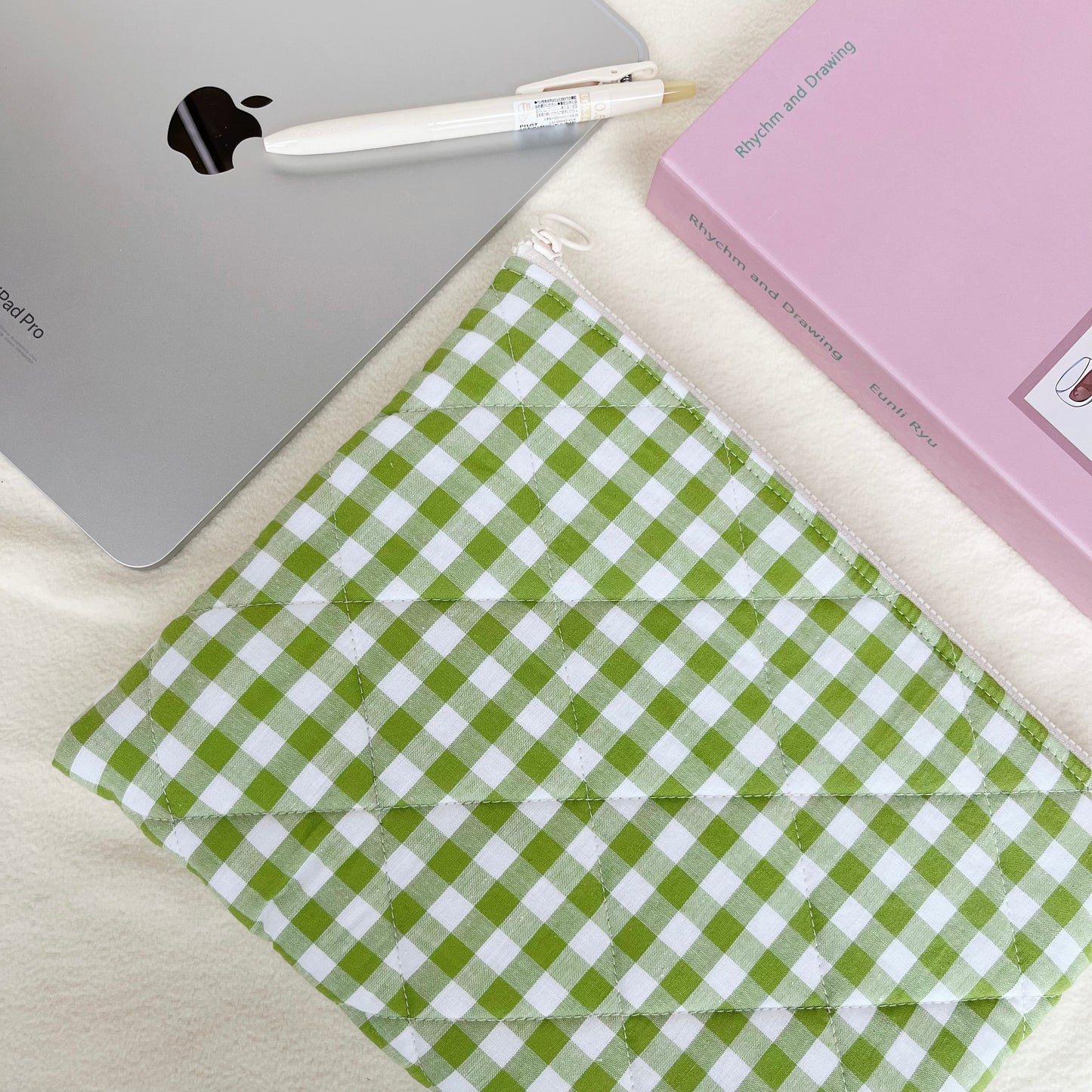 Handmade quilted Laptop Sleeve, Quilted iPad Pouch, Green gingham with cherry lining laptop bag
