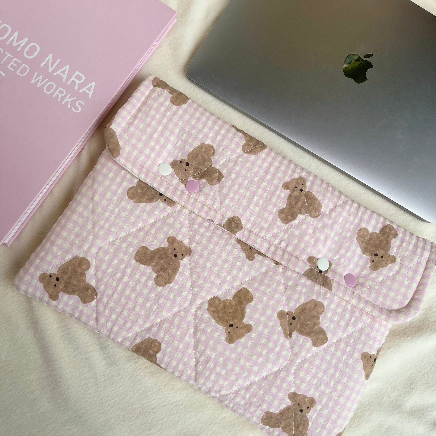 Cute Bear Handmade quilted Laptop Sleeve With Strap, Quilted iPad Pouch
