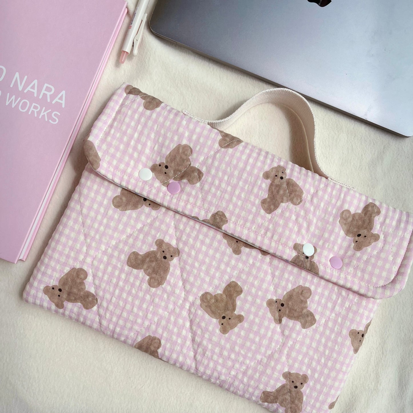 Cute Bear Handmade quilted Laptop Sleeve With Strap, Quilted iPad Pouch