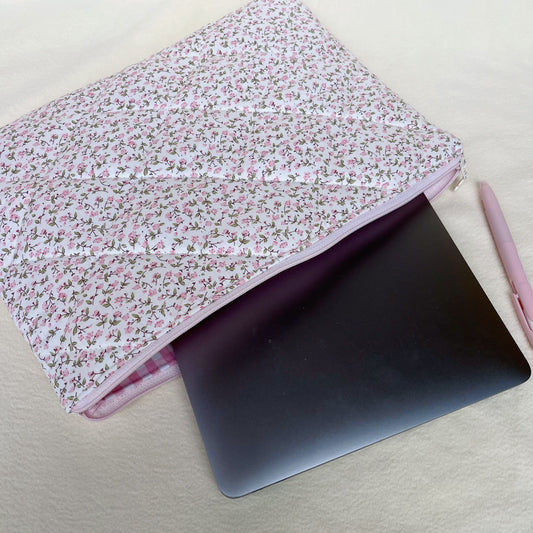 Pink Floral Handmade Quilted Laptop Sleeve, Quilted iPad Pouch