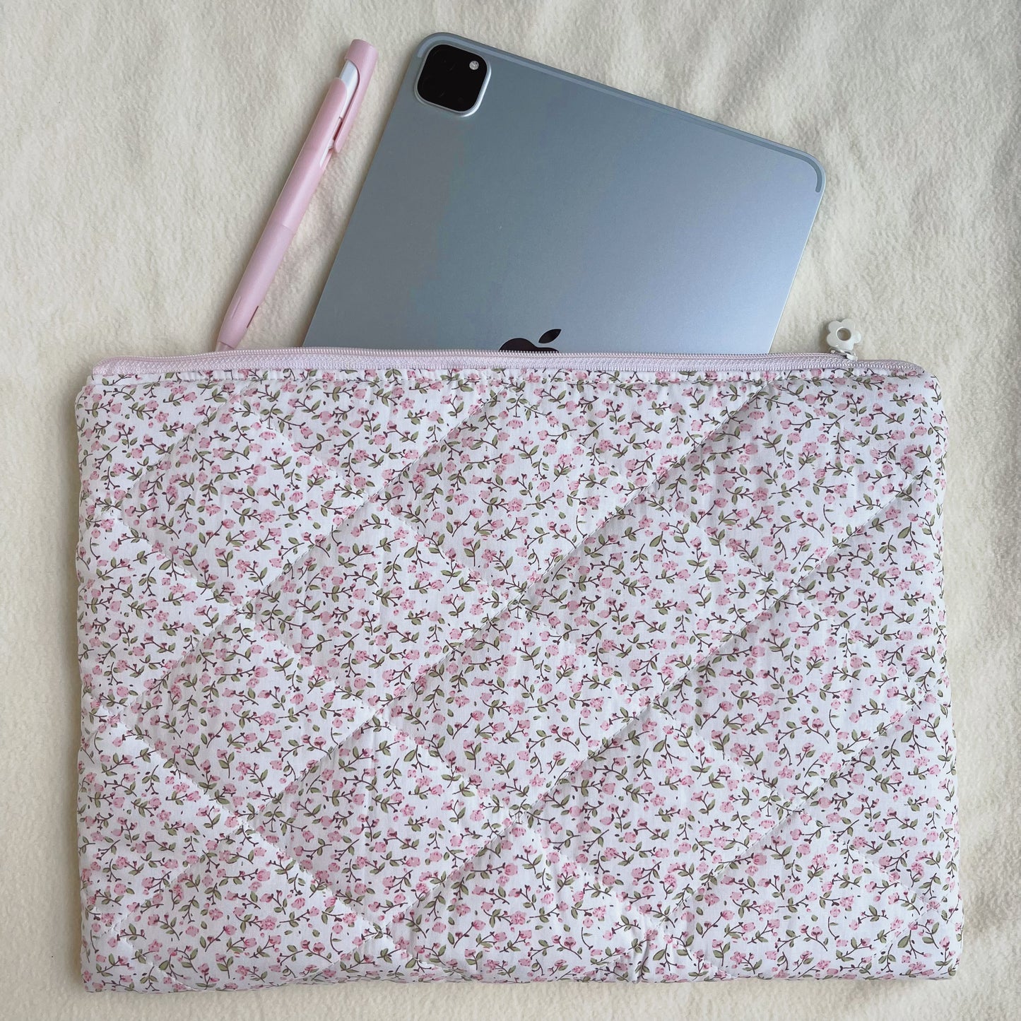 Pink Floral Handmade Quilted Laptop Sleeve, Quilted iPad Pouch
