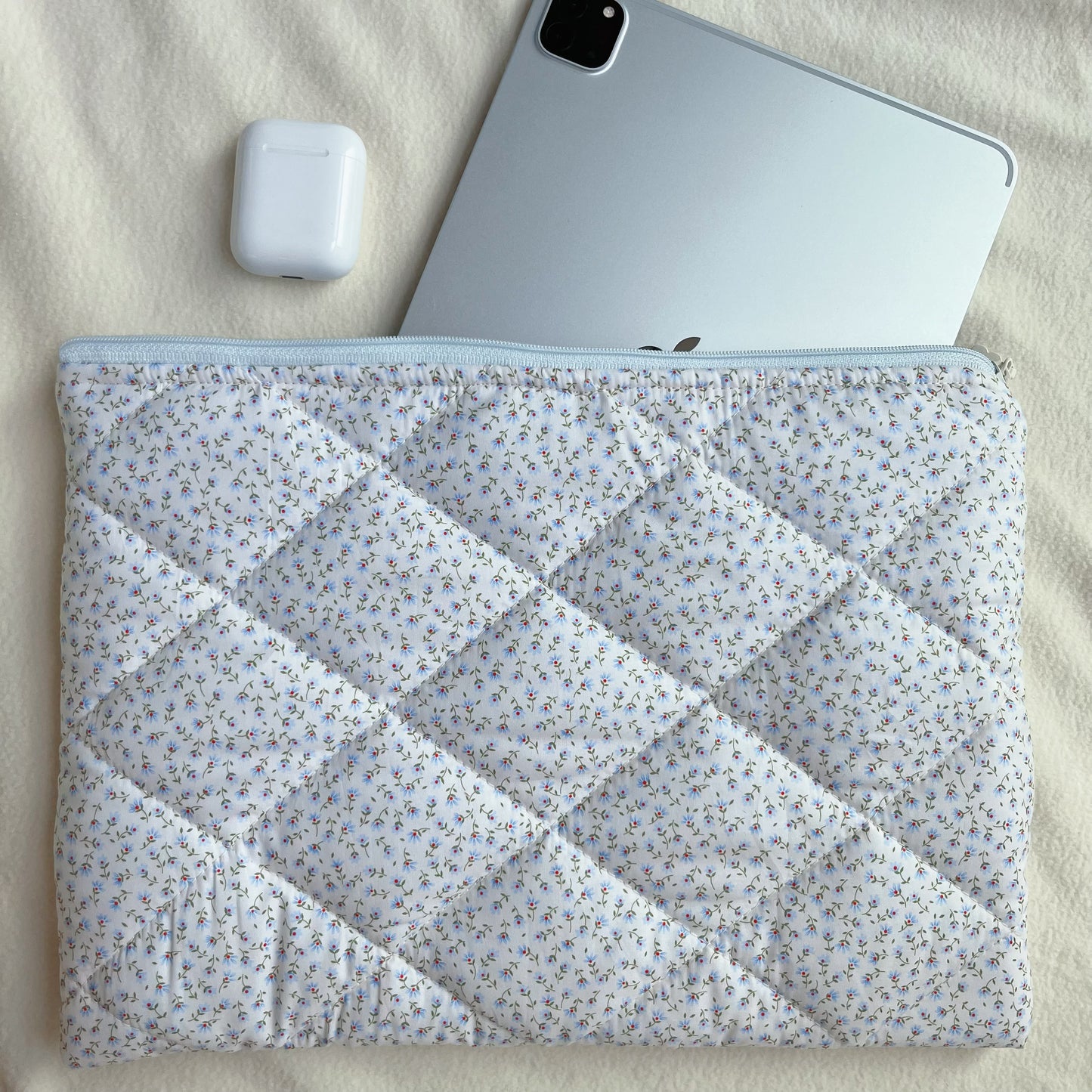 Blue Floral Handmade Quilted Laptop Sleeve, Quilted iPad Pouch