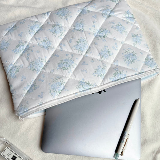Blue/Pink Floral Handmade Quilted Laptop Sleeve, Quilted iPad Pouch