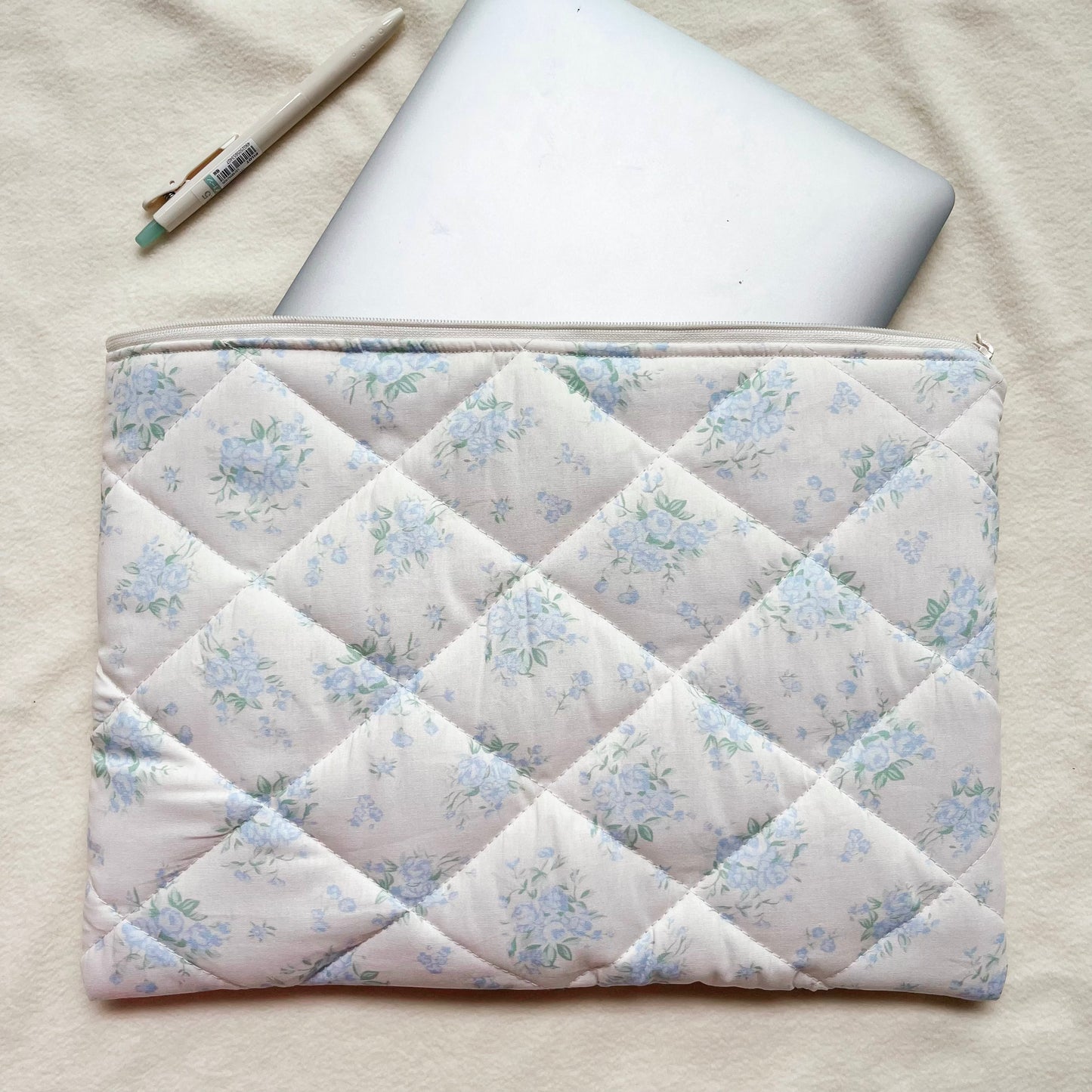 Blue/Pink Floral Handmade Quilted Laptop Sleeve, Quilted iPad Pouch