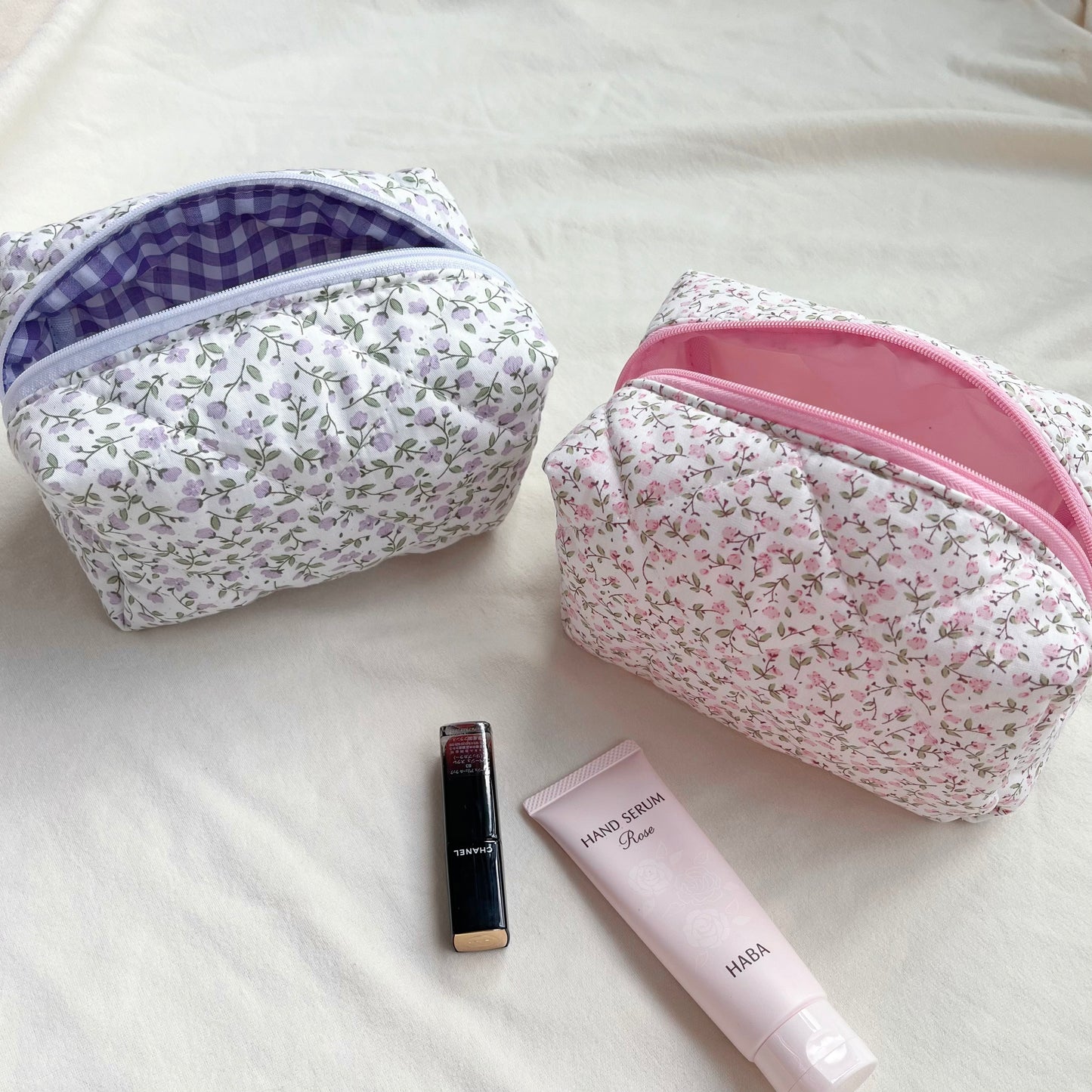 Pink/purple flowers quilted makeup bag, cosmetic organizer,Storage bag, Quilted travel pouch, Bridesmaid gift,gift for her