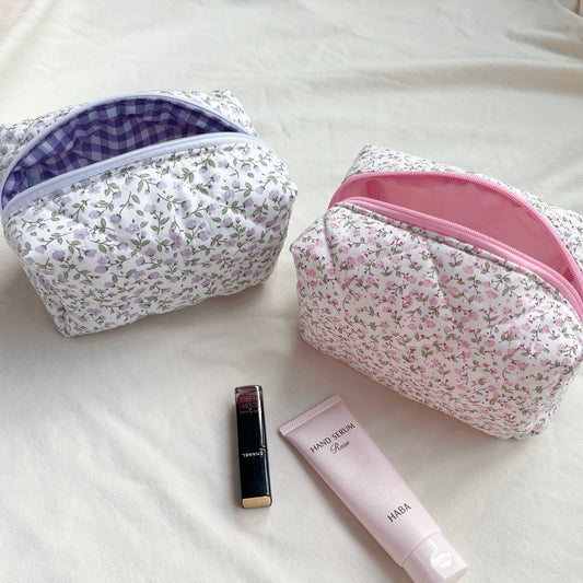 Pink/purple flowers quilted makeup bag, cosmetic organizer,Storage bag, Quilted travel pouch, Bridesmaid gift,gift for her
