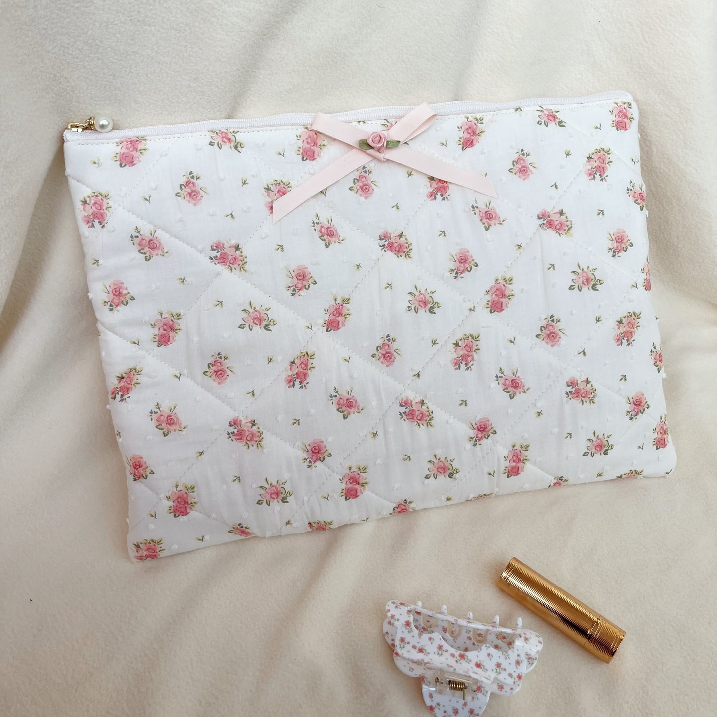 Pink Floral Handmade Quilted Laptop Sleeve/Bag, Quilted iPad Pouch